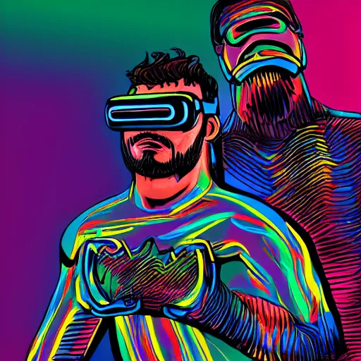 Image similar to wrestlers wearing vr headsets, vr goggles, shrugging, shrugging arms, intricate complexity, inverted neon rainbow drip paint, trending on art station, digital illustration by matthew skiff