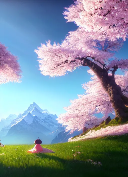 Image similar to a wholesome animation key shot, swiss alps peaks in the background, cherry blossoms in the foreground, studio ghibli, pixar and disney animation, sharp, rendered in unreal engine 5, anime key art by greg rutkowski, bloom, dramatic lighting