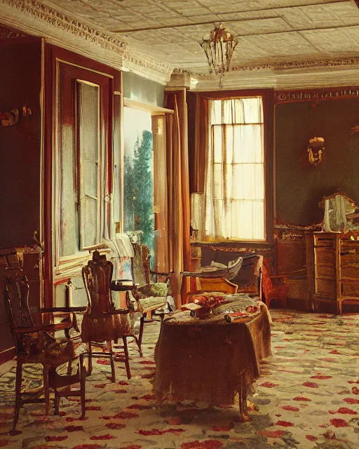 Image similar to the interior of a house in devonshire, delicate embellishments, painterly, offset printing technique, photographed on kodachrome by brom, robert henri, walter popp, cinematic lighting, various refining methods, micro macro autofocus, ultra definition, award winning photo