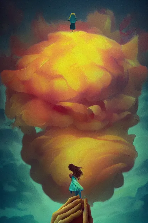 Image similar to closeup giant dahlia flower as head, girl standing on mountain, surreal photography, blue storm clouds, dramatic light, impressionist painting, digital painting, artstation, simon stalenhag