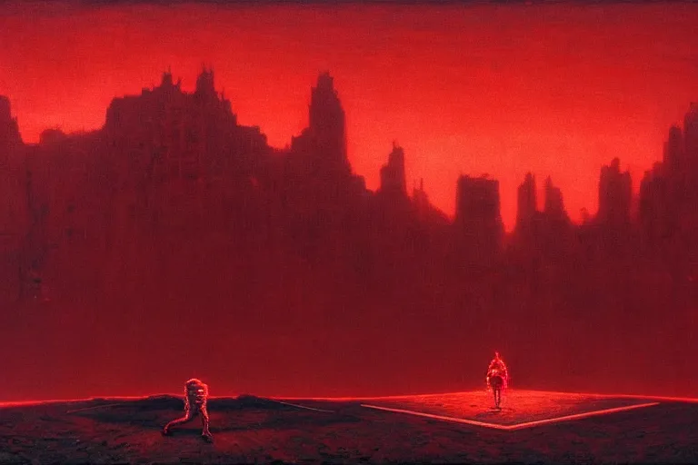 Image similar to only with red, a red god of death eat apple, a futuristic city on mars in background, floor are worms, in the style of beksinski, part by hopper, part by rodcenko, part by hofbauer, intricate composition, red by caravaggio, insanely quality, highly detailed, masterpiece, red light, artstation