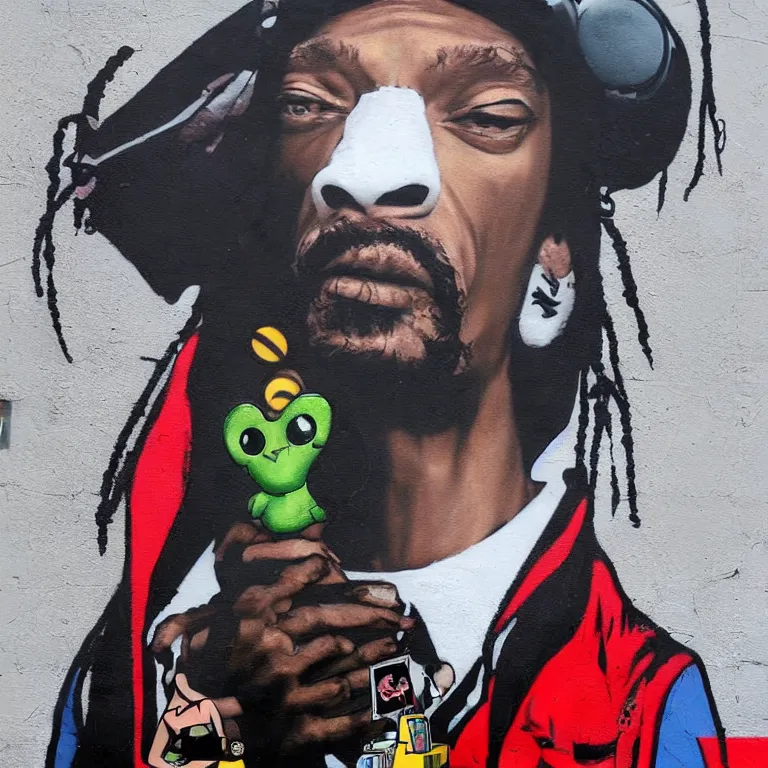 Prompt: Street-art portrait of Snoop Dog as a Pokemon Trainer in style of Banksy, photorealism