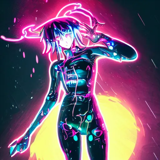 Image similar to full body!!!, colorful reflective eyes, full round face!, digital cyberpunk anime!!, shattered cyborg - girl in the style of arcane!!!, lightning, raining!!, water refractions!!, black long hair!, biomechanical details, neon background lighting, reflections, wlop, ilya kuvshinov, artgerm