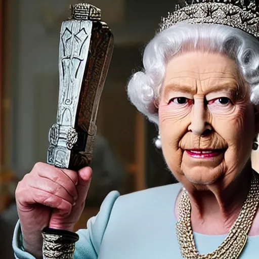 Prompt: the queen of england holding mjolnir in one hand and looking angry