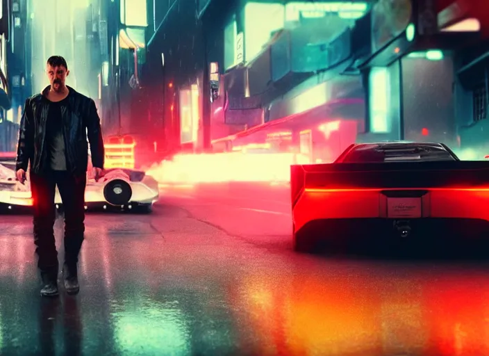 Image similar to Bladerunner2049 street racing man leaning cool pose on his white sports car with red emissives volumetric lighting Cyberpunk RTX ray marching street