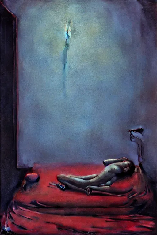 Prompt: portrait of bed pilled novelai user telling qpangfire to go to bed, by zdzislaw beksinski, by dariusz zawadzki, artbook, tone mapped, deep blues, shiny, soft lighting