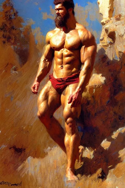 Prompt: attractive muscular man, painting by gaston bussiere, craig mullins
