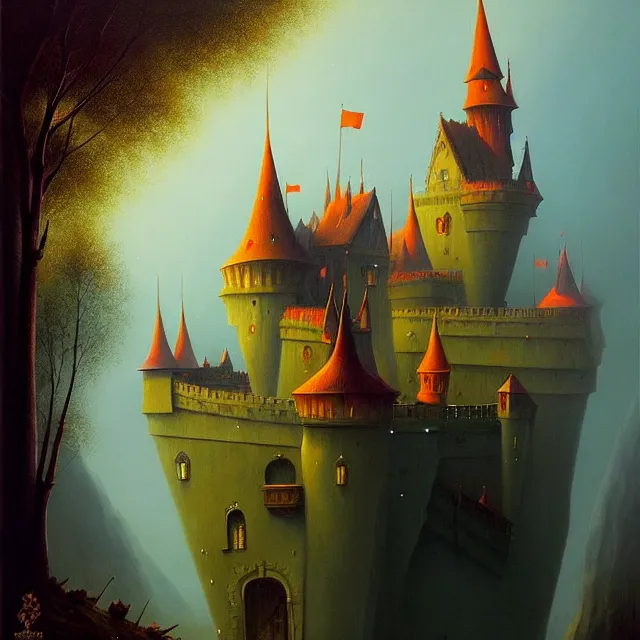 Prompt: a beautiful dark acrylic painting of a dark fantasy castle by Raja Ravi Varma and Gediminas Pranckevicius, trending on ArtStation.