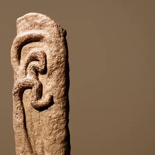 Image similar to Bronze 1500BCE Canaanite pole with serpent carving at the top. 40mm lens, shallow depth of field, split lighting