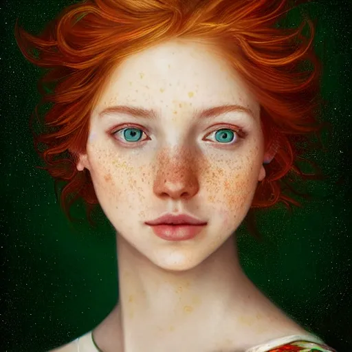 Image similar to highly detailed portrait of a red haired girl, long hair, green eyes, hint of freckles, beautiful round face, soft amazed smiles, among golden fireflies, deep focus, elegant, digital painting, smooth, sharp focus, golden ratio, illustration, ultra realistic, 8 k, art by artgerm and caravaggio