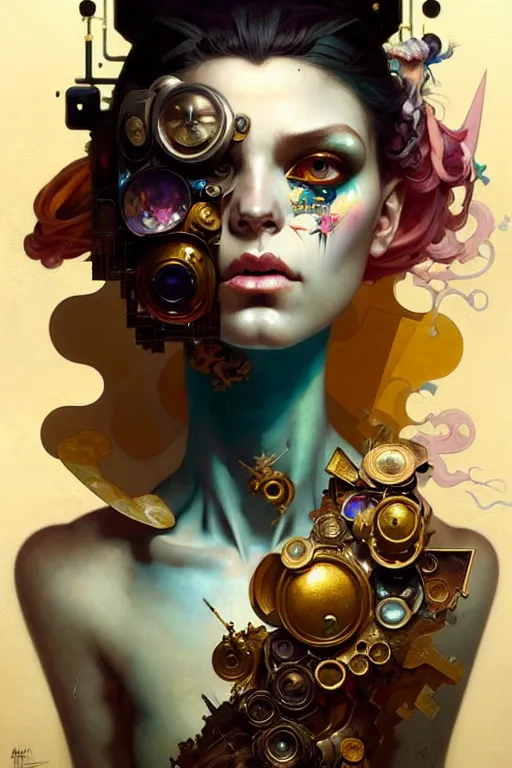 Prompt: portrait, patchwork doll, cyberpunk, elegant baroque, asymmetrical art, emotional, hyperrealism, colorful, vivid, imposing, epic, abstract texture, gold leaf texture, artstation, concept art, by peter mohrbacher and wlop and rhads and artgerm and magali villeneuve and alphonse mucha