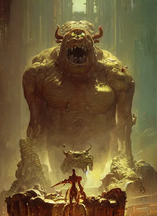 Image similar to hulking brute demon sitting on throne in science fiction hall, by sergey kolesov and lawrence alma tadema and norman rockwell and greg staples and craig mullins and john berkey and rick berry and jeremy mann, artstation creature art