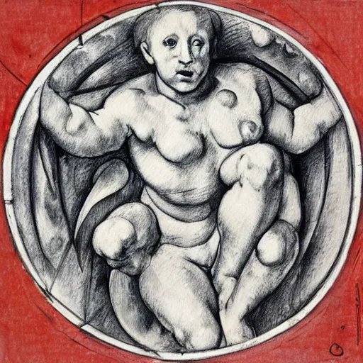 Prompt: bipedal satanic distorted heaven polygon boa tin roundel marimba , by Michelangelo and Paul Cezanne and Judson Huss , pencil sketch , fine art , surrealist