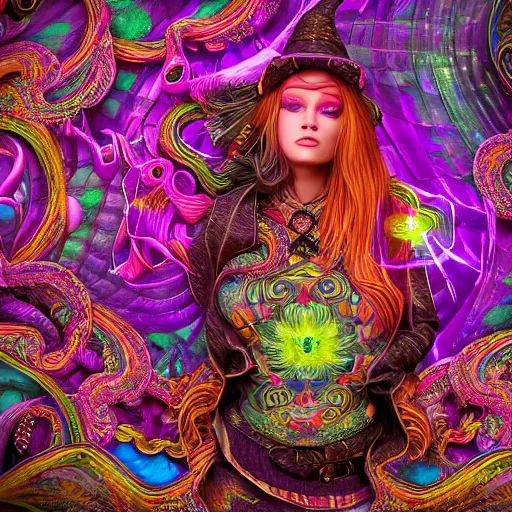 Image similar to psychadelic witch, hyper detailed, flowing psychadelic background intricate and detailed, ornate 8 k gorgeous intricate detailed, octane render