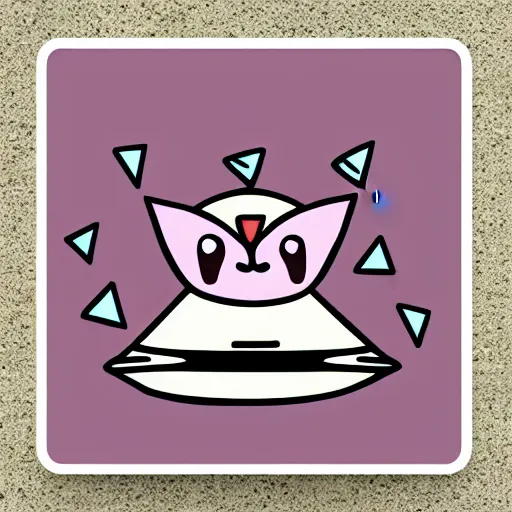 Prompt: sticker of a pink square-bodied cat with thick sharpee eyebrows and a grumpy expression on its face sitting inside a rocket ship