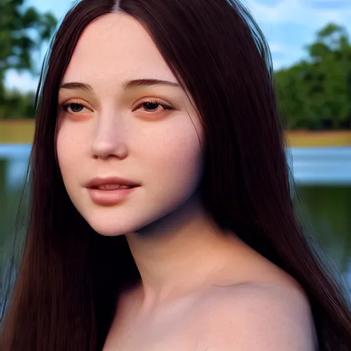 Image similar to real life photo of a beautiful girl, full body photoshoot, long black hair, full round face, short smile, brown shirt, lake setting, cinematic lightning, medium shot, mid - shot, highly detailed, trending on artstation, unreal engine 4 k, 8 0 mm, 8 5 mm, cinematic wallpaper