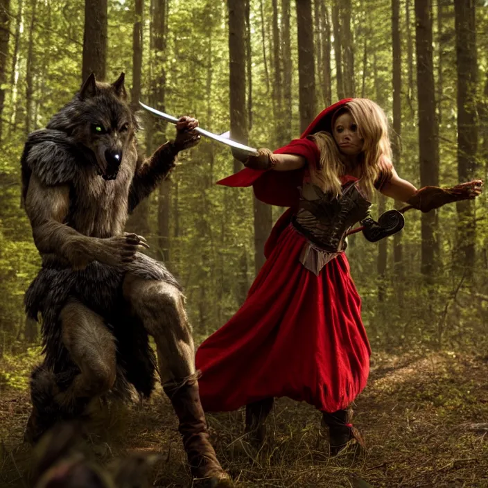 Image similar to photograph of a real-life beautiful reed riding hood warrior confronting a werewolf. 8k