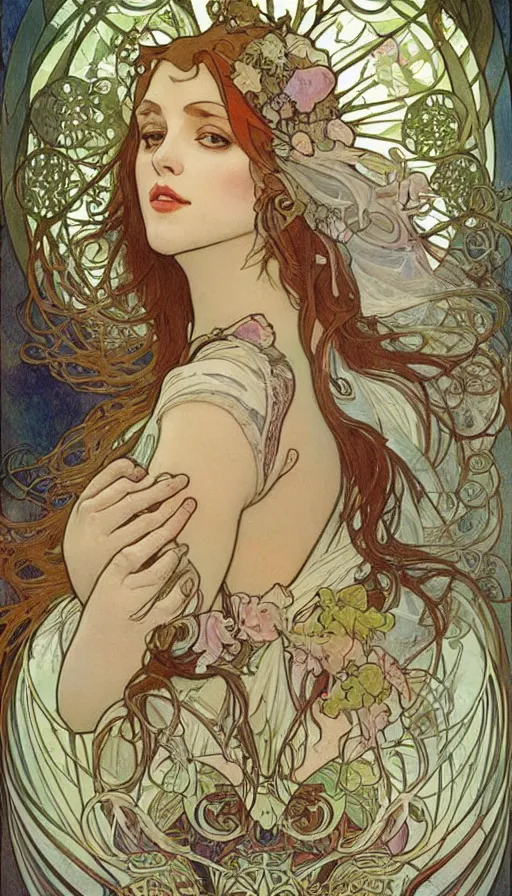 Prompt: fantasy art by Alfons Mucha,beautiful,high quality,masterpiece,incredible,pretty,gorgeous,stunning,appealing,4k,detailed,intricate,coherent symmetrical,fullbody,full body,face