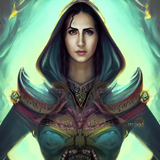 Prompt: head-on centered symmetrical painted portrait, Katrina Kaif as a D&D Thunder Sorcerer, hood, intricate fantasy robes, fantasy, intricate, elegant, highly detailed, digital painting, smooth, sharp focus, illustration, dramatic lighting, artstation, in the style of Artgerm and Anna Podedworna and Alex Ross