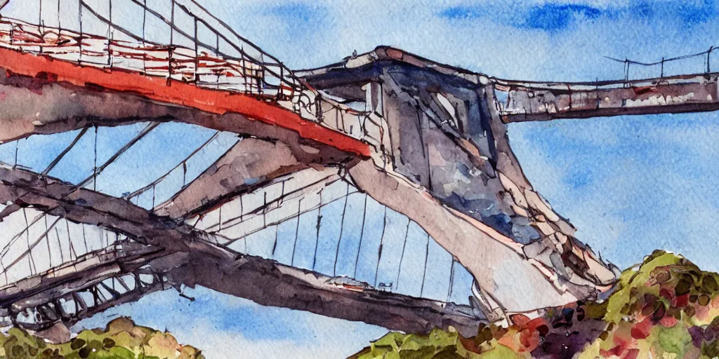 Image similar to collapsed san francisco bridge, watercolor