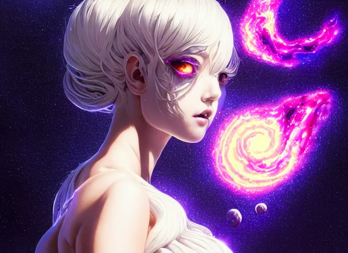 Image similar to azathoth girl wearing a dress made of milky way, full body, occlusion shadow, specular reflection, rim light, unreal engine, artgerm, artstation, art by hiroaki samura and ilya kuvshinov and ossdraws, intricate, highly detailed 8 k, fantasy illustration, extremely beautiful and aesthetic shape of face and body