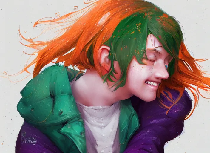 Image similar to portrait of a beautiful smiling girl with orange hair and freckles, green eyes, highly detailed, digital painting, concept art, smooth, sharp, focus, background is purple, artstation, style by Bo Feng Lin