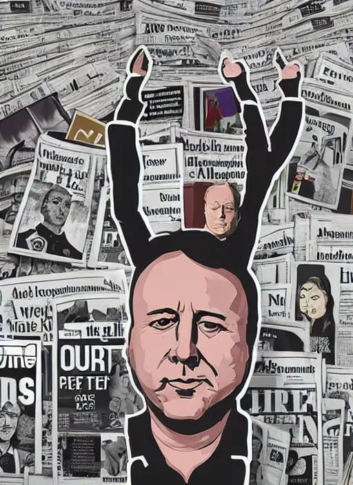 Prompt: sad alex jones surrounded by newspapers in a dark murky room, highdetailed illustration