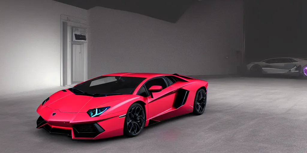 Image similar to Lamborghini Aventador LP 700-4 in red with pearl effect with purple spoilers on a sunny highway, side view concept art 3D digital art product design render in light room photo studio, octane rendering, dramatic lighting, HDR, VRAY 2k render, ray tracing