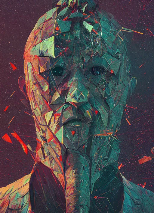 Image similar to a painting of a human head exploding into triangle fragments, cyberpunk art by mike winkelmann by zdzisław beksinski, glitch art, cgsociety, dystopian art, sci - fi