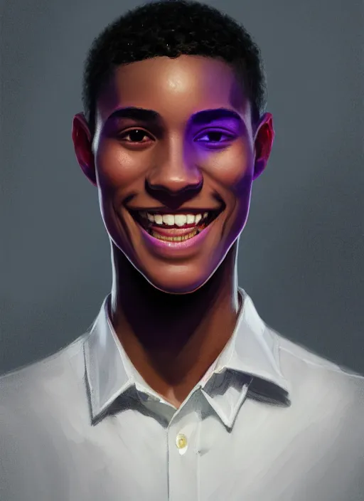 Prompt: portrait of lightskin black teenage boy, very short hair, short hair, strong jawline, wide jaw, big jaw, square jaw, smile, purple button up shirt, intricate, elegant, glowing lights, highly detailed, digital painting, artstation, concept art, smooth, sharp focus, illustration, art by wlop, mars ravelo and greg rutkowski