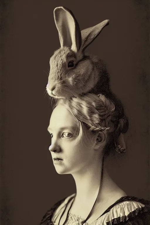 Prompt: wet plate photograph portrait of a victorian woman with a rabbit head for her head, dressed in a victorian - era clothing, dramatic lighting, highly detailed, digital painting, artstation, concept art, smooth, sharp focus, illustration, art by wlop, mars ravelo and greg rutkowski