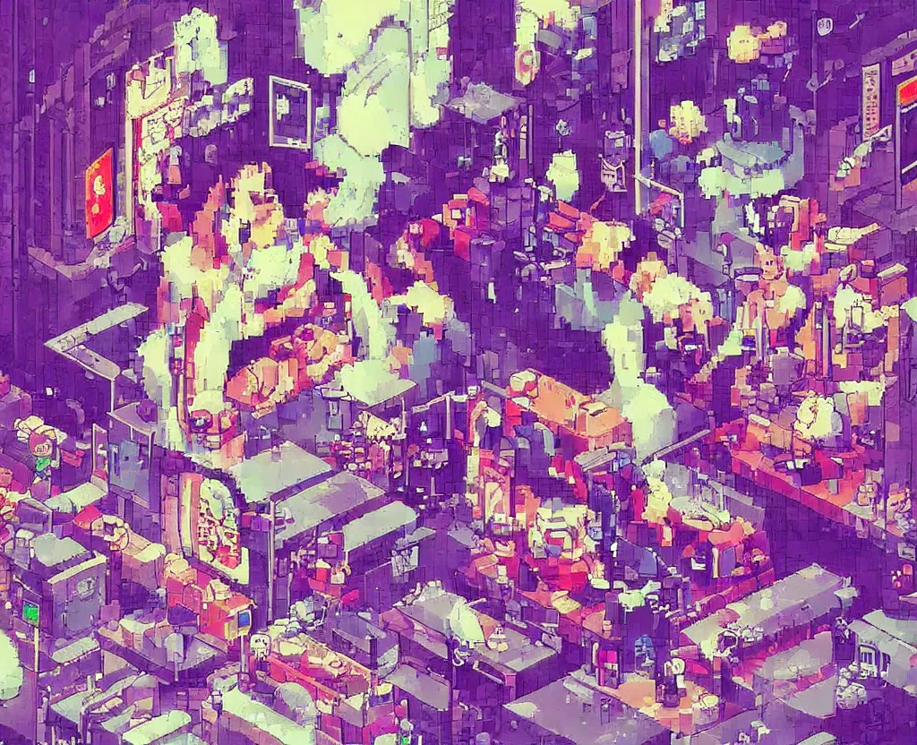 Image similar to 1 6 bit pixel art of a pill vendor on the street level of neo tokyo, cyberpunk, lo - fi aesthetic, sailor moon gradient, trending on art station, by kai vermehr