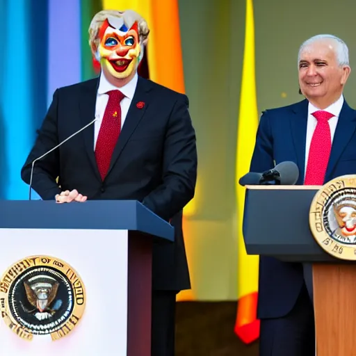 Prompt: president with clown makeup in a podium next to an angry first minister