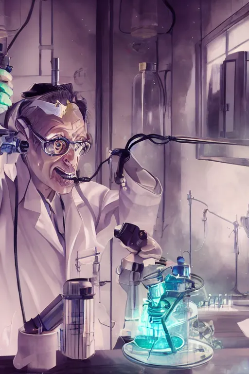 Image similar to a mad scientist mixing dangerous radioactive chemicals on a laboratory, wlop, trending on artstation, deviantart, anime key visual, official media, professional art, 8 k uhd