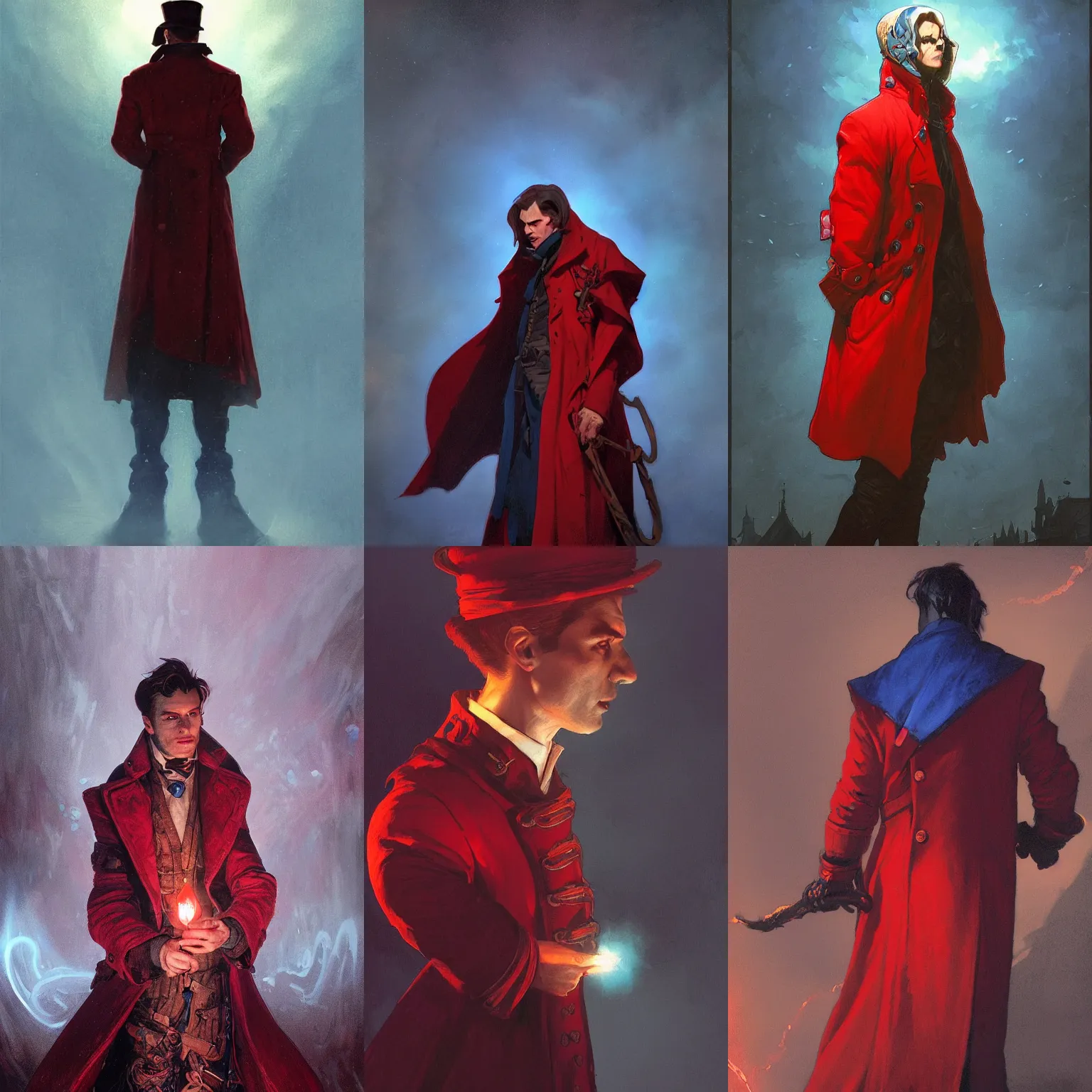 Prompt: a medium shot of a male necromancer wearing a red victorian era coat, backlighting, blue hour, lit from below with red lighting, high contrast, highly detailed, sharp focus, digital painting, concept art, illustration, trending on artstation, art by greg rutkowski + greg hildebrandt + alphonse mucha