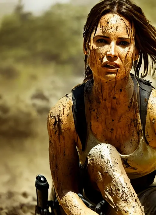 Prompt: a film still of lara croft as cop, her face muddy and sweat, direct sun light, close up potrait, cinematic,