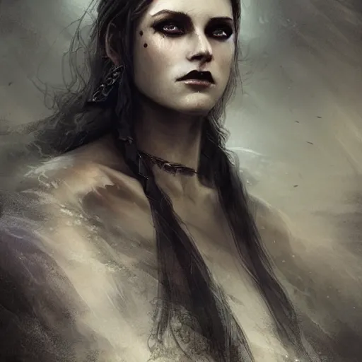 Image similar to stunning otherworldly viking queen of beauty, dark and mysterious, atmospheric, ominous, eerie, cinematic, Epic, 8k, 4k, ultra detail, ultra realistic, rendered by awesomeness by charlie bowater