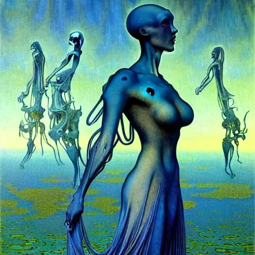 Image similar to realistic extremely detailed portrait painting of a ghost silhouette, futuristic sci-fi landscape on background by Jean Delville, Amano, Yves Tanguy, Alphonse Mucha, Ernst Haeckel, Edward Robert Hughes, Roger Dean, rich moody colours, blue eyes