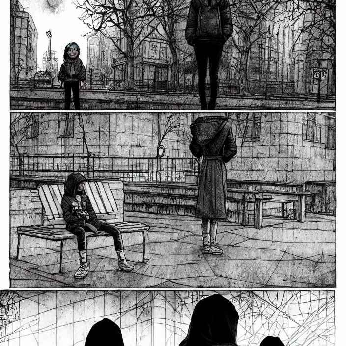 Image similar to storyboard : sadie sink in hoodie sat down on bench in ruined square, pedestrians walk by, old soviet monument. scifi cyberpunk. drawn by gabriel hardman. cinematic atmosphere, detailed and intricate, perfect anatomy