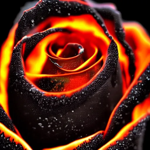 Image similar to award - winning macro of a beautiful black rose made of glowing molten magma