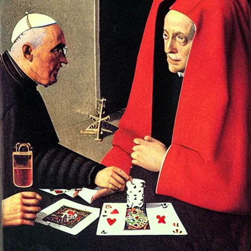 Prompt: the pope playing poker with satan, by van eyck
