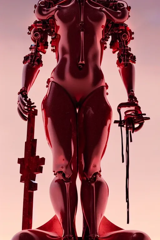 Prompt: a statue jesus on cross made of red marble, perfect symmetrical body, full body shot, inflateble shapes, white biomechanical details, wearing epic bionic cyborg implants, masterpiece, intricate, biopunk, vogue, highly detailed, artstation, concept art, cyberpunk, octane render