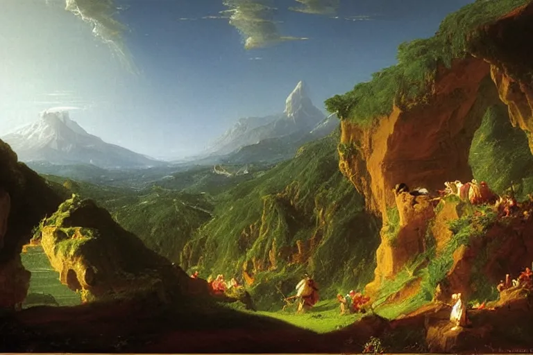 Image similar to there is another world very close to ours that we don't perceive directly, but they do interact sometimes. painting by thomas cole ( 1 8 3 3 )