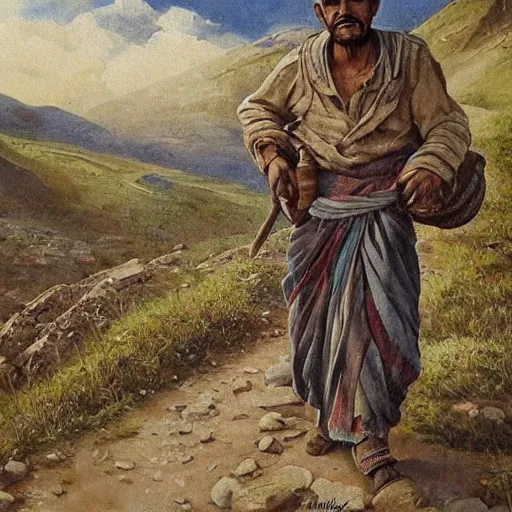 Prompt: kurdish man walking up a mountain with a huge backpack on with bags of rice attached on, beautiful painting by henry justice ford, incredible detail, award winning art