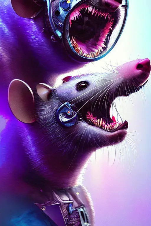 Image similar to a beautiful portrait of a cute cyberpunk opossum screaming by sandra chevrier and greg rutkowski and wlop, purple blue color scheme, high key lighting, volumetric light, digital art, highly detailed, fine detail, intricate, ornate, complex, octane render, unreal engine, photorealistic