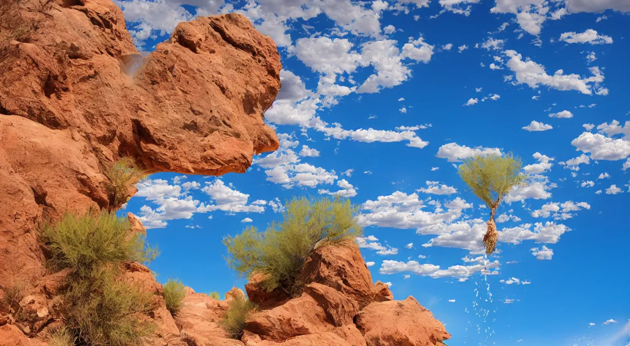 Prompt: Massive drops of water floating in a perfect blue sky in Arizona desert, sunny weather, saturated colors, hyper detailed photorealistic