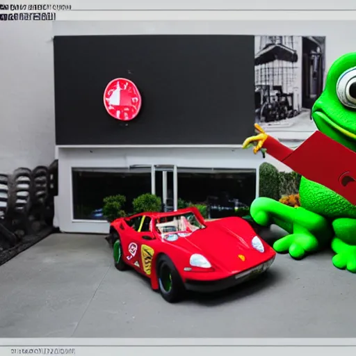 Prompt: diorama model + pepe the frog + ferrari, club lighting, low contrast, single building, arsitektur nusantara, dynamic lighting, 1 0 0 0 0 mm,, depth detailed.