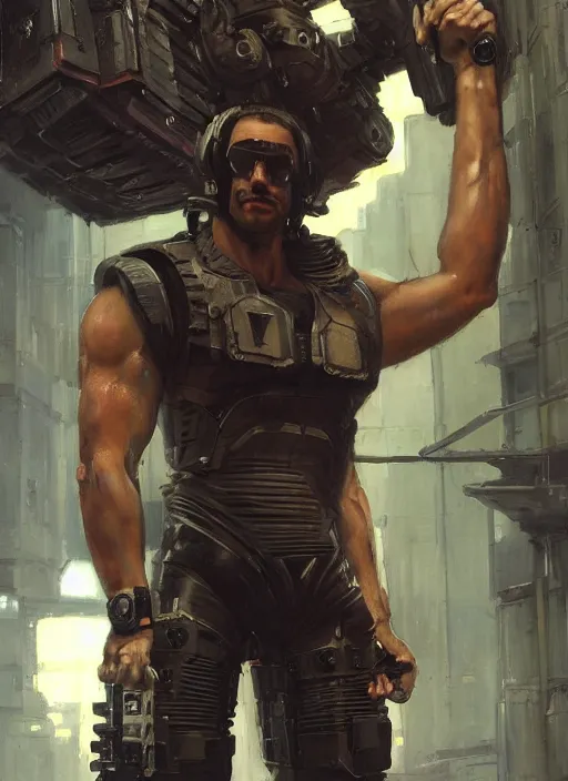 Prompt: weightlifter with super large robot arms. cyberpunk mercenary minion in a military vest ( blade runner 2 0 4 9, cyberpunk 2 0 7 7 ). orientalist portrait by john william waterhouse and james gurney and theodore ralli and nasreddine dinet, oil on canvas. cinematic, hyper realism, realistic proportions, dramatic lighting, high detail 4 k