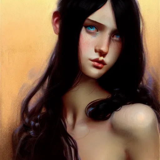 Prompt: portrait of teenage girl with long glossy black hair, blue eyes, glowing skin, fashion model features, fantasy, intricate, elegant, dress shirt and tie, highly detailed, digital painting, artstation, concept art, smooth, sharp focus, illustration, art by Krenz Cushart and Artem Demura and alphonse mucha