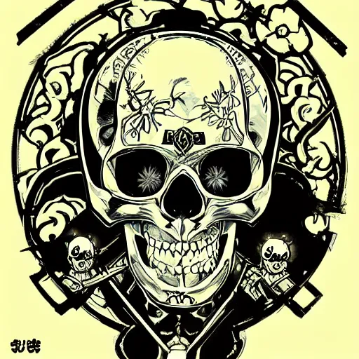 Image similar to anime manga skull portrait soldier boy helmet disney cartoon skeleton illustration style by Alphonse Mucha pop art nouveau